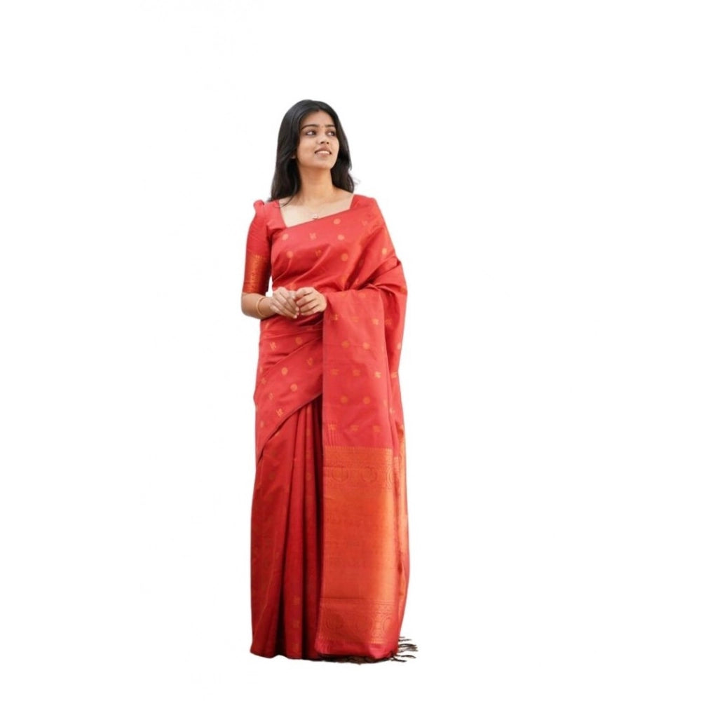 Women's Soft Lichi Silk Printed Saree With Unstitched Blouse 5.5Mtr (Red)