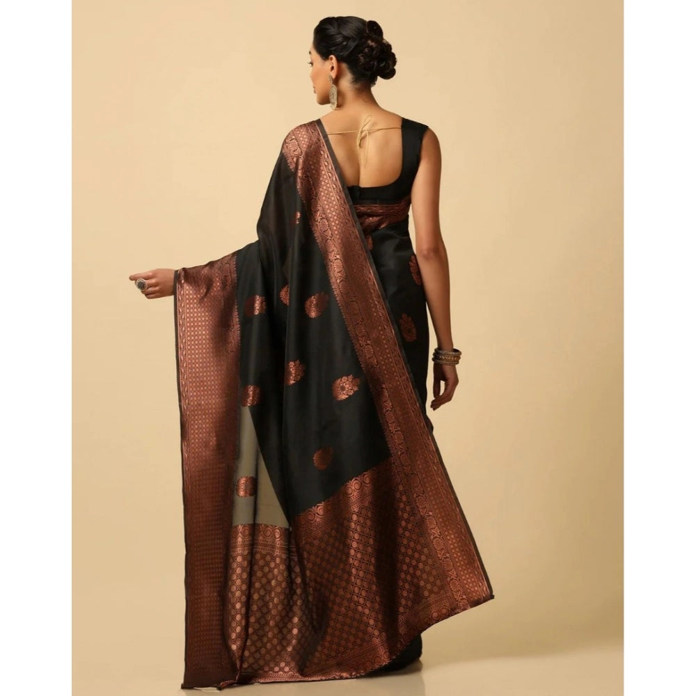 Women's Soft Lichi Silk Printed Saree With Unstitched Blouse 5.5Mtr (Black)