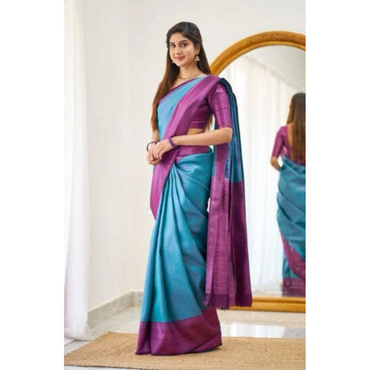 Women's Soft Lichi Silk Printed Saree With Unstitched Blouse 5.5Mtr (Sky-Blue)