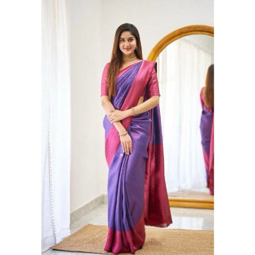 Women's Soft Lichi Silk Printed Saree With Unstitched Blouse 5.5Mtr (Purple)