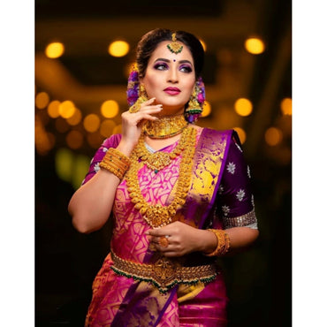 Women's Soft Lichi Silk Printed Saree With Unstitched Blouse 5.5Mtr (Pink)