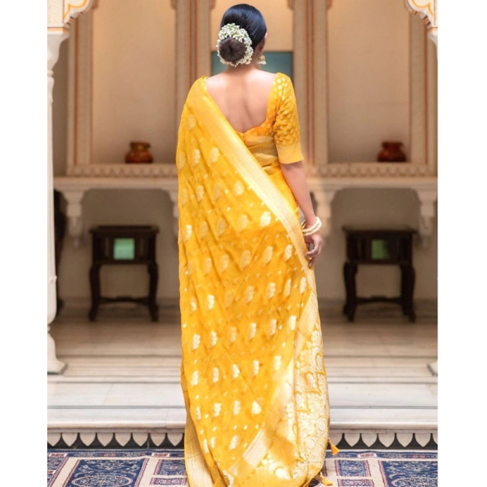 Women's Soft Lichi Silk Printed Saree With Unstitched Blouse 5.5Mtr (Yellow)