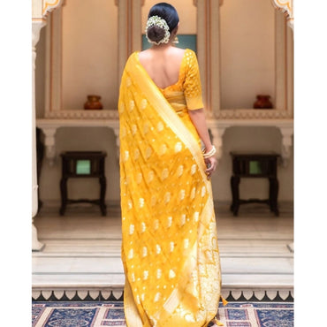 Women's Soft Lichi Silk Printed Saree With Unstitched Blouse 5.5Mtr (Yellow)