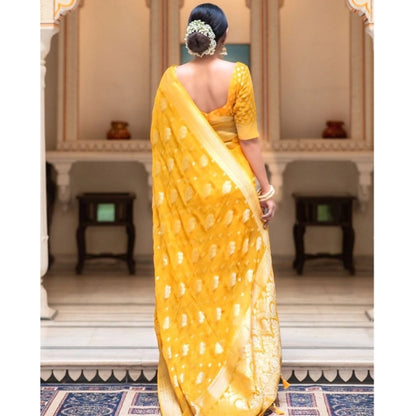 Women's Soft Lichi Silk Printed Saree With Unstitched Blouse 5.5Mtr (Yellow)