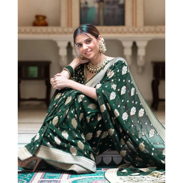 Women's Soft Lichi Silk Printed Saree With Unstitched Blouse 5.5Mtr (Green)