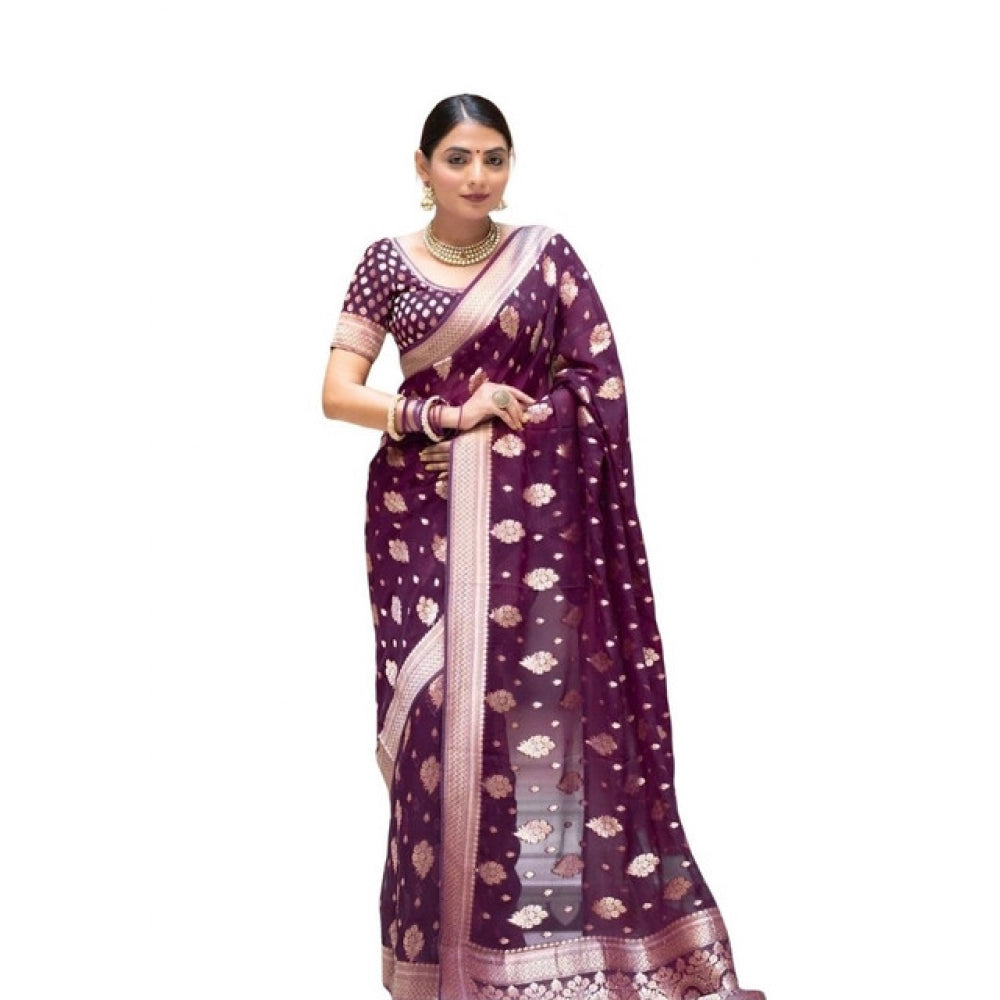 Women's Soft Lichi Silk Printed Saree With Unstitched Blouse 5.5Mtr (Purple)