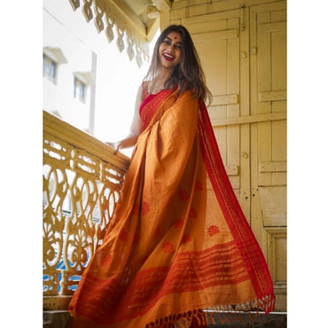 Women's Soft Lilan Printed Saree With Unstitched Blouse 5.5Mtr (Mustard )