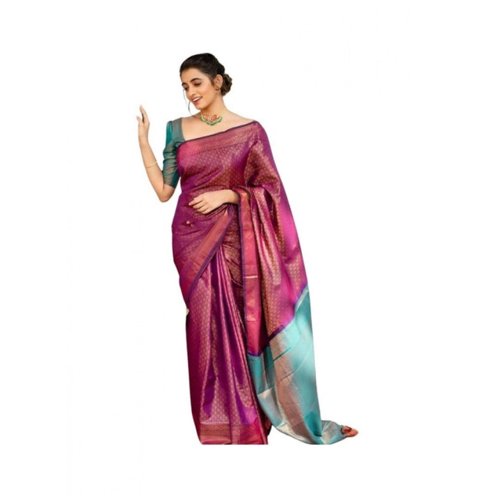 Women's Soft Lichi Silk Printed Saree With Unstitched Blouse 5.5Mtr (Purple)