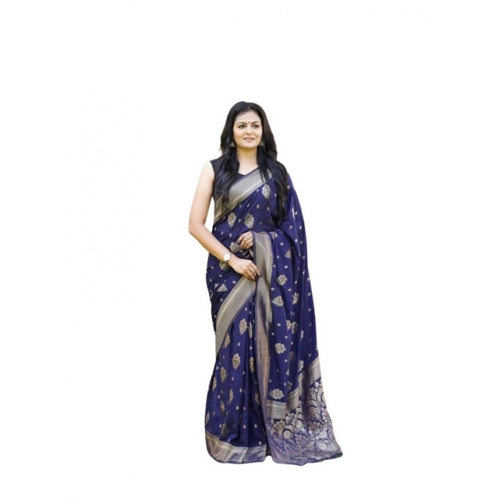 Women's Soft Lichi Silk Printed Saree With Unstitched Blouse 5.5Mtr (Navy Blue)