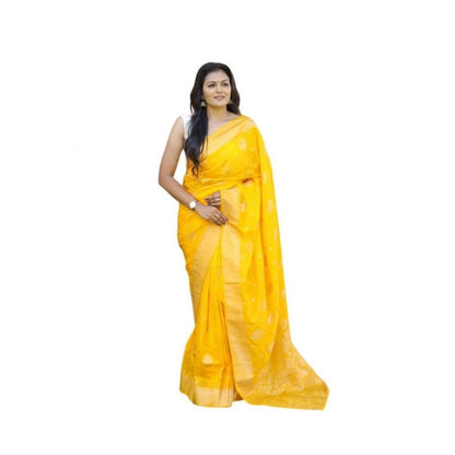 Women's Soft Lichi Silk Printed Saree With Unstitched Blouse 5.5Mtr (Yellow)