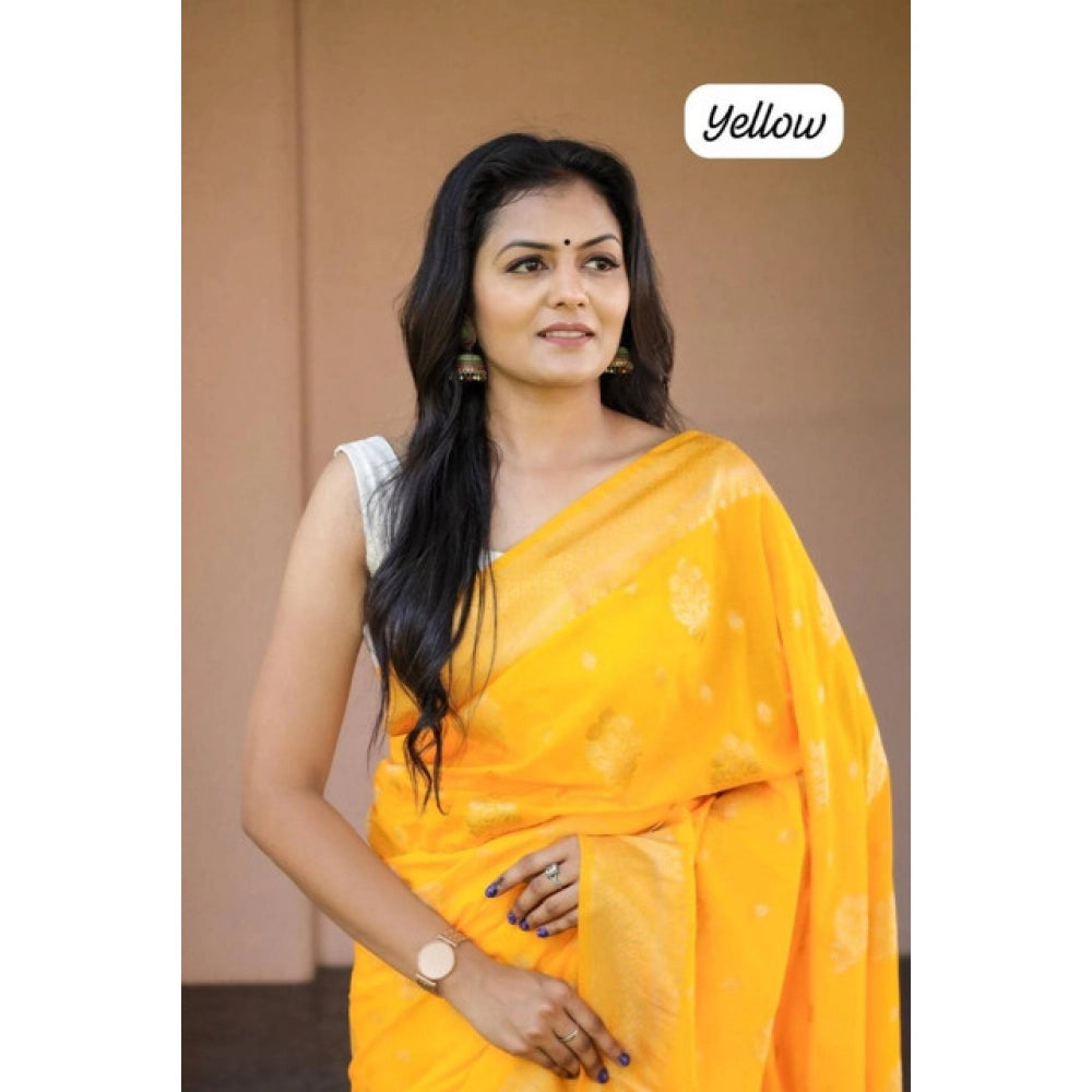 Women's Soft Lichi Silk Printed Saree With Unstitched Blouse 5.5Mtr (Yellow)