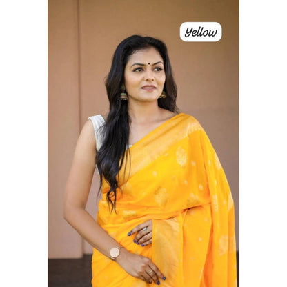 Women's Soft Lichi Silk Printed Saree With Unstitched Blouse 5.5Mtr (Yellow)