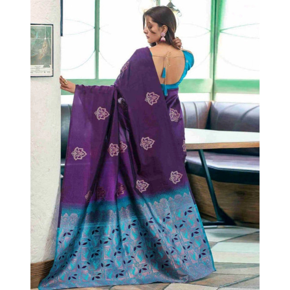 Women's Soft Lichi Silk Printed Saree With Unstitched Blouse 5.5Mtr (Blue)