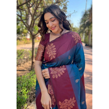 Women's Soft Lichi Silk Printed Saree With Unstitched Blouse 5.5Mtr (Blue)