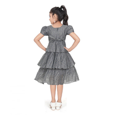 Girl's Artificial Silk Striped Short Sleeve V Neck Dress (Grey)