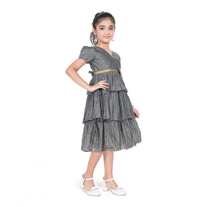 Girl's Artificial Silk Striped Short Sleeve V Neck Dress (Grey)