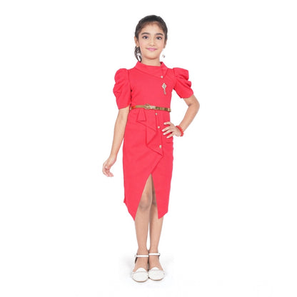 Girl's Cotton Lycra Soild Short Sleeve Close Neck Dress (Pink)