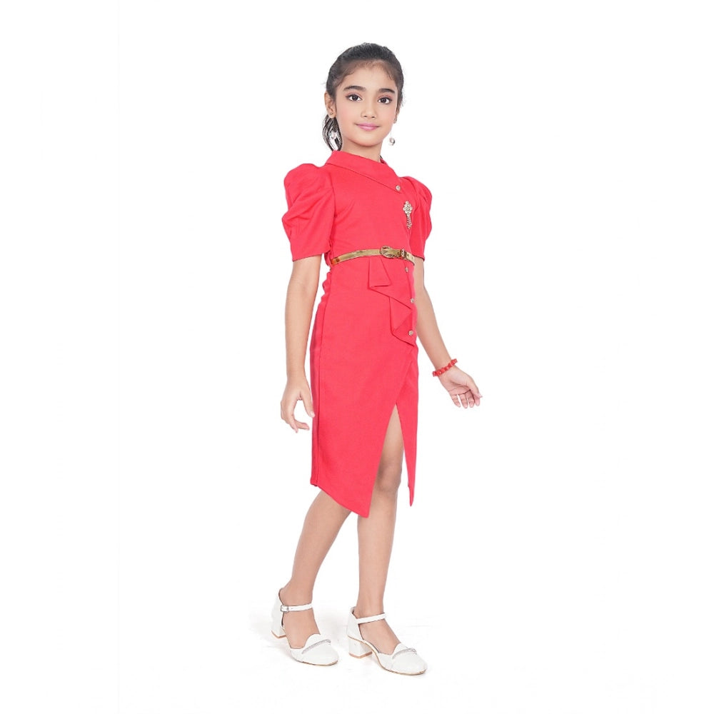 Girl's Cotton Lycra Soild Short Sleeve Close Neck Dress (Pink)
