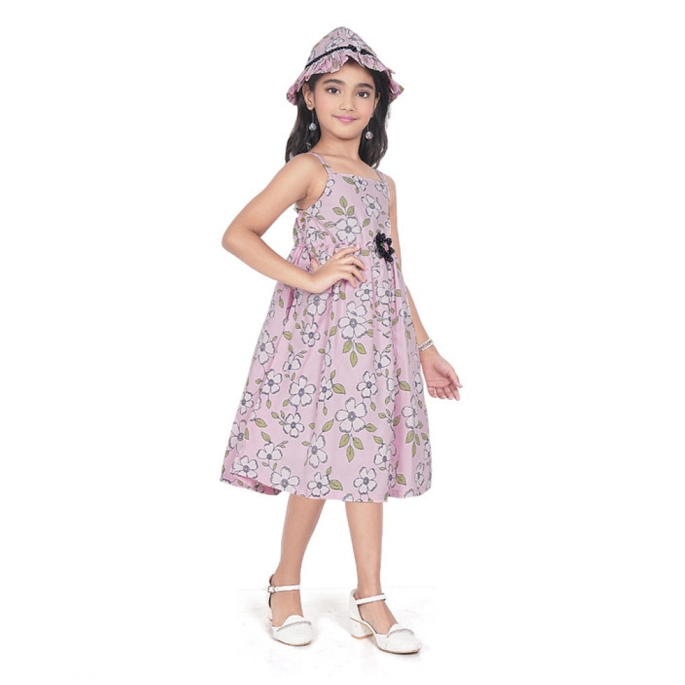 Girl's Cotton Printed Sleeve Less Round Neck Dress (Pink)