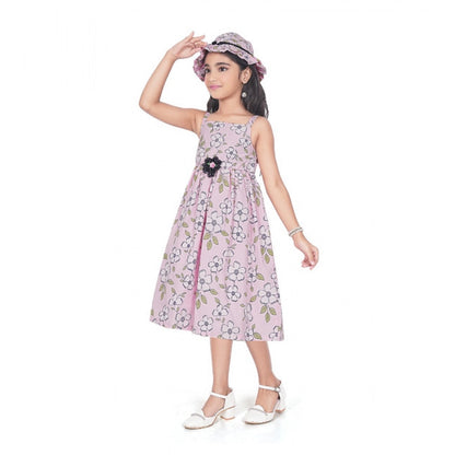 Girl's Cotton Printed Sleeve Less Round Neck Dress (Pink)