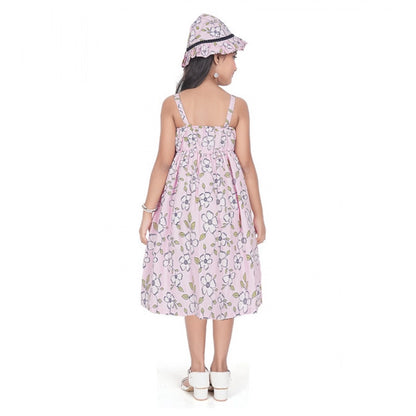 Girl's Cotton Printed Sleeve Less Round Neck Dress (Pink)