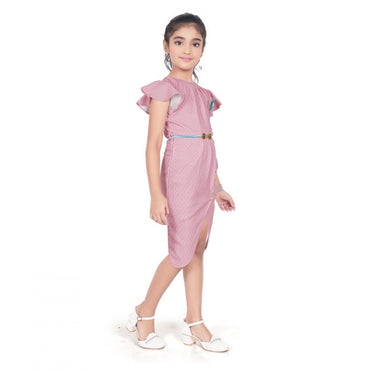 Girl's Knitted Striped Short Sleeve Close Neck Dress (Pink)