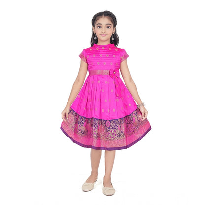 Girl's Brocket Silk Printed Short Sleeve Close Neck Dress (Rani Pink)
