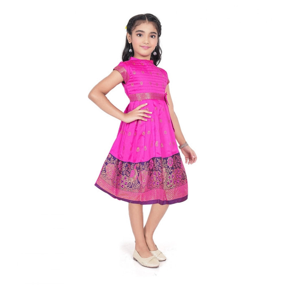 Girl's Brocket Silk Printed Short Sleeve Close Neck Dress (Rani Pink)