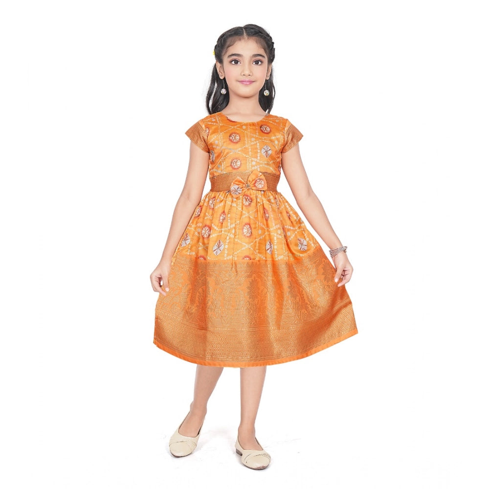 Girl's Brocket Silk Printed Short Sleeve Round Neck Dress (Orange)