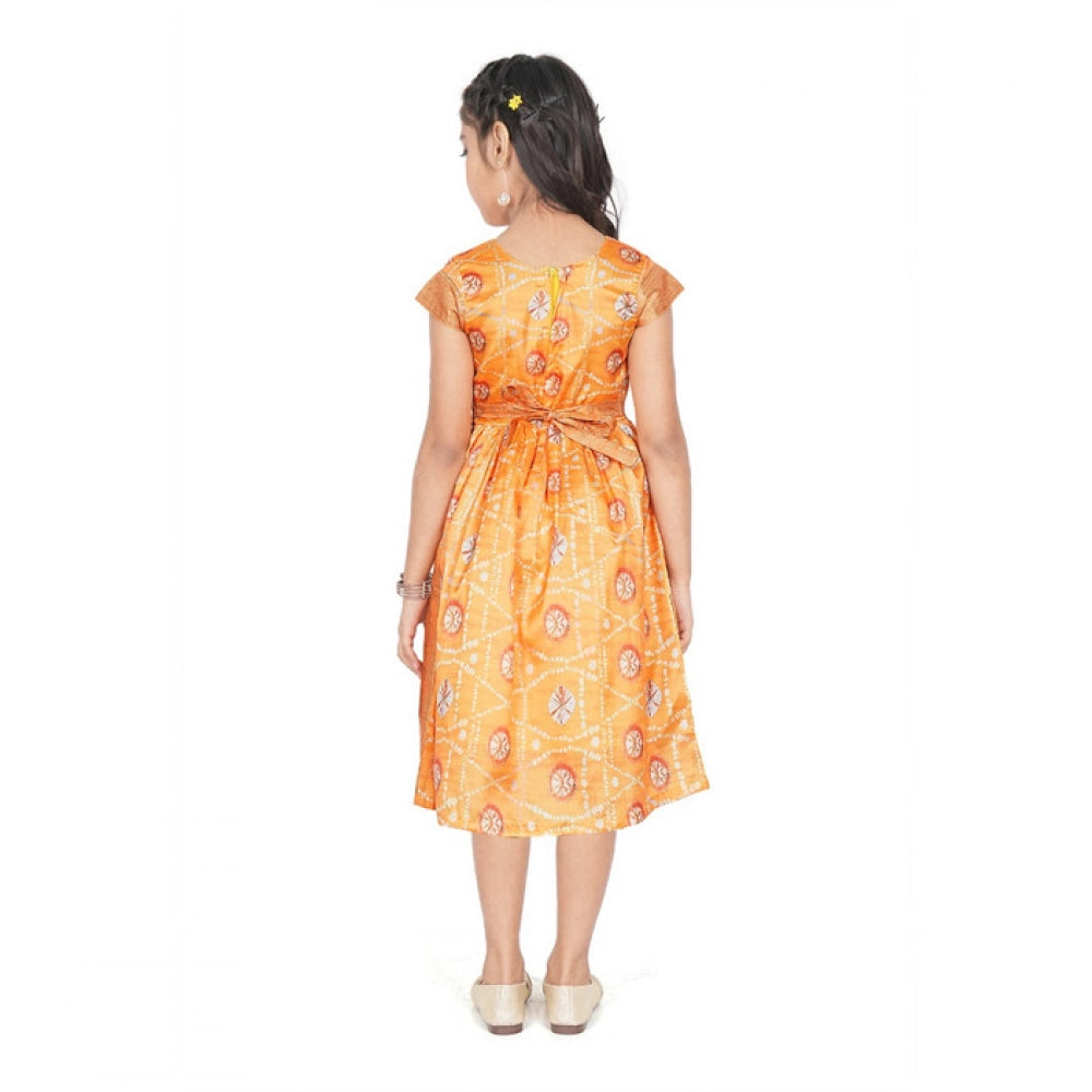 Girl's Brocket Silk Printed Short Sleeve Round Neck Dress (Orange)