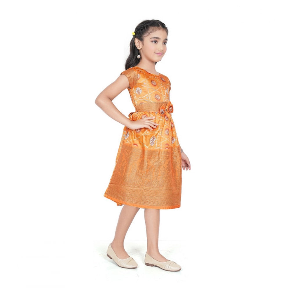 Girl's Brocket Silk Printed Short Sleeve Round Neck Dress (Orange)