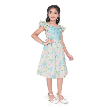 Girl's Popcorn Printed Short Sleeve Squre Neck Dress (Sky Blue)