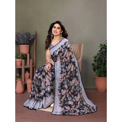 Women's Chiffon Printed Saree With Unstitched Blouse 5.5Mtr (Grey)