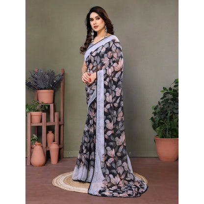 Women's Chiffon Printed Saree With Unstitched Blouse 5.5Mtr (Grey)