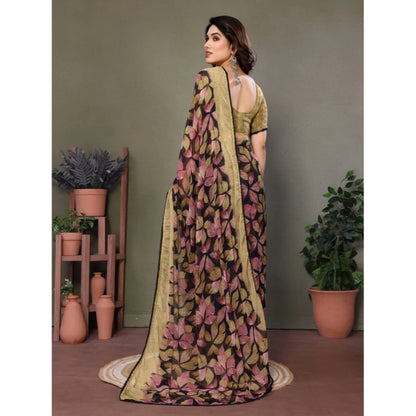 Women's Chiffon Printed Saree With Unstitched Blouse 5.5Mtr (Beige)