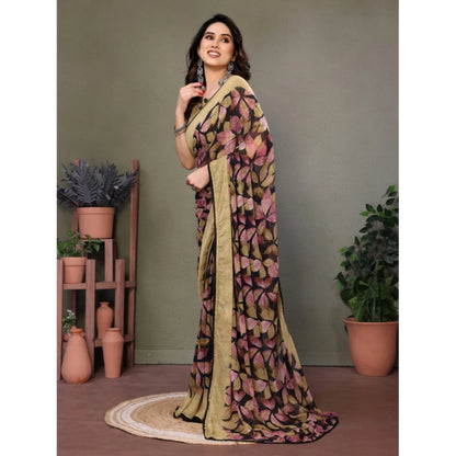 Women's Chiffon Printed Saree With Unstitched Blouse 5.5Mtr (Beige)