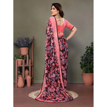 Women's Chiffon Printed Saree With Unstitched Blouse 5.5Mtr (Pink)