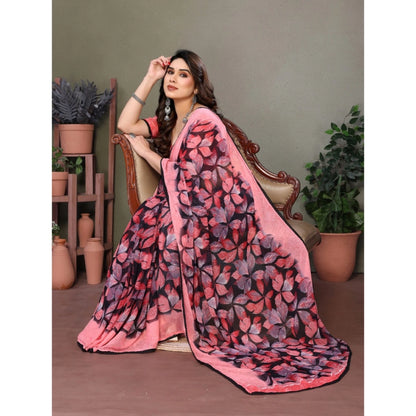 Women's Chiffon Printed Saree With Unstitched Blouse 5.5Mtr (Pink)
