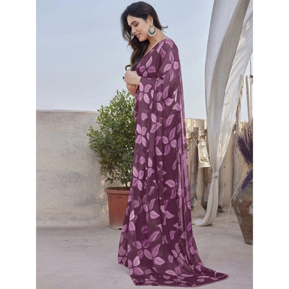 Women's Chiffon Printed Saree With Unstitched Blouse 5.5Mtr (Purple)