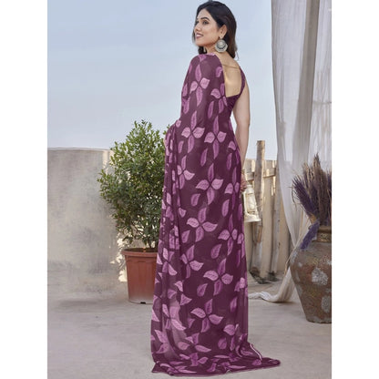 Women's Chiffon Printed Saree With Unstitched Blouse 5.5Mtr (Purple)