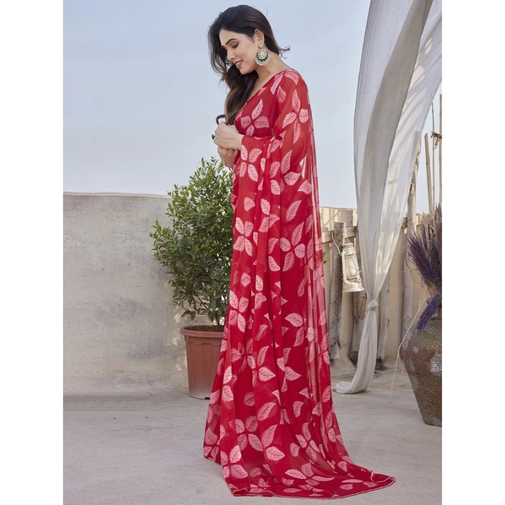 Women's Chiffon Printed Saree With Unstitched Blouse 5.5Mtr (Red)