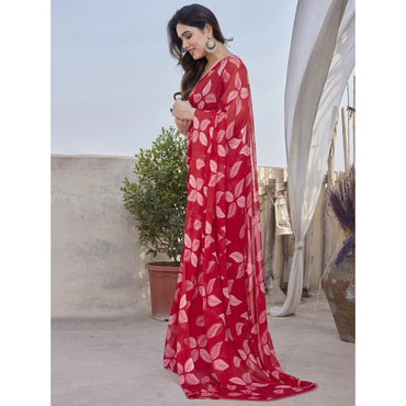 Women's Chiffon Printed Saree With Unstitched Blouse 5.5Mtr (Red)