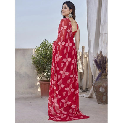 Women's Chiffon Printed Saree With Unstitched Blouse 5.5Mtr (Red)