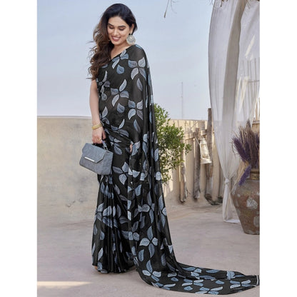 Women's Chiffon Printed Saree With Unstitched Blouse 5.5Mtr (Black)