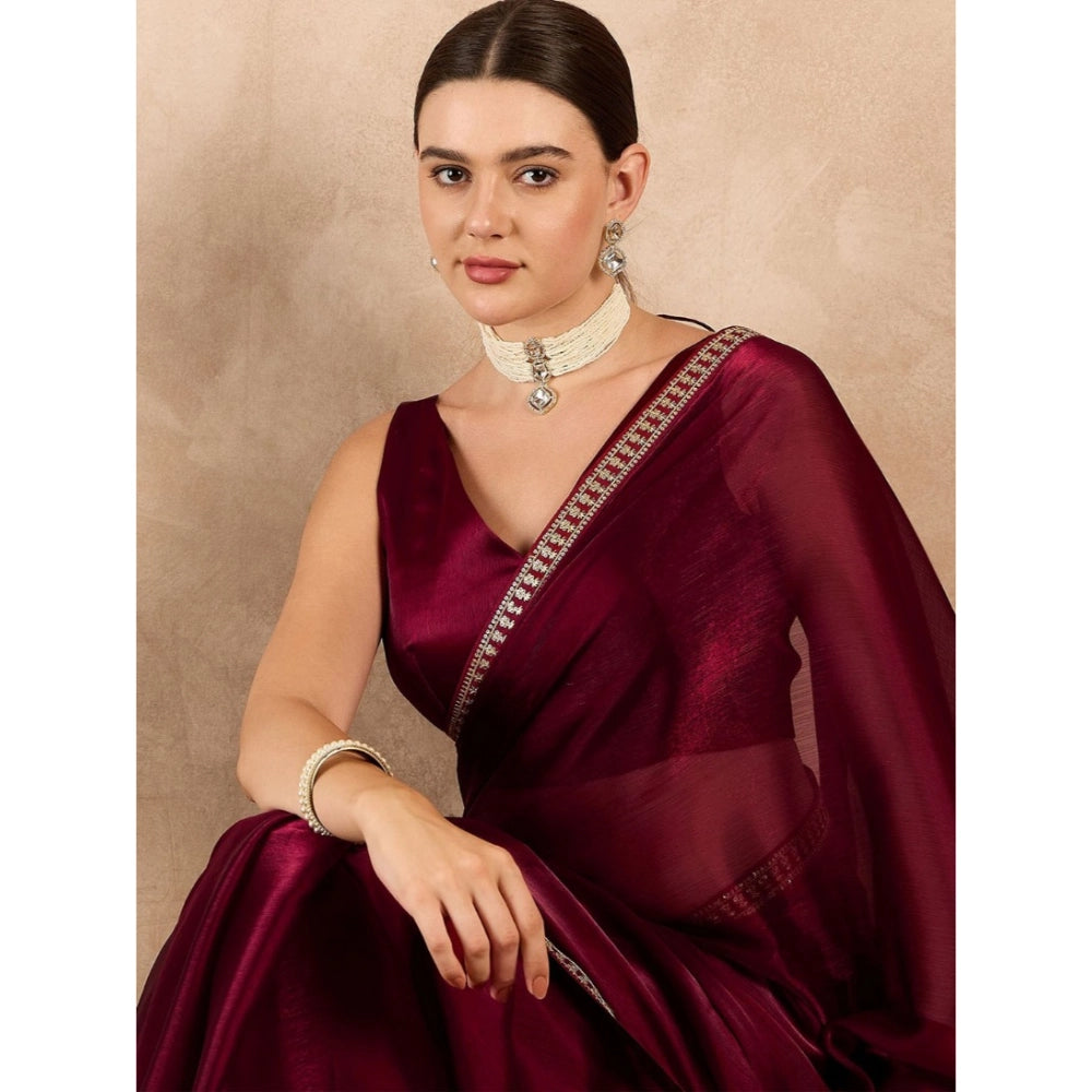 Women's Jimmy Choo solid Saree With Unstitched Blouse 5.5Mtr (Wine )