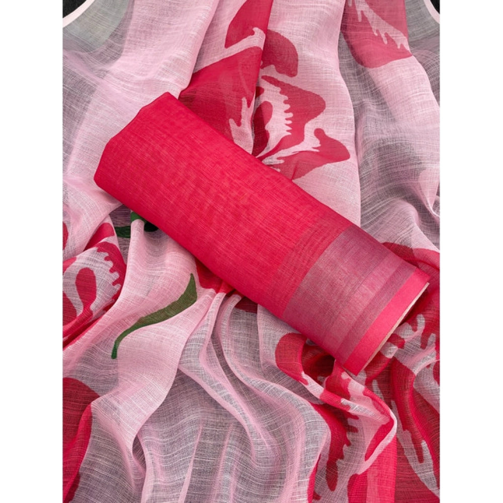Women's Linen Cotton  Printed Saree With Unstitched Blouse 5.5Mtr (Pink)