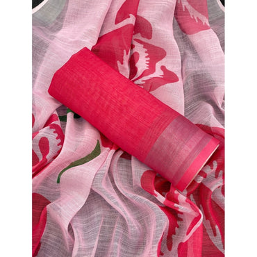 Women's Linen Cotton  Printed Saree With Unstitched Blouse 5.5Mtr (Pink)