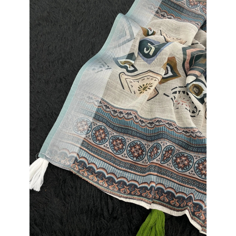 Women's Linen Cotton  Printed Saree With Unstitched Blouse 5.5Mtr (Grey)
