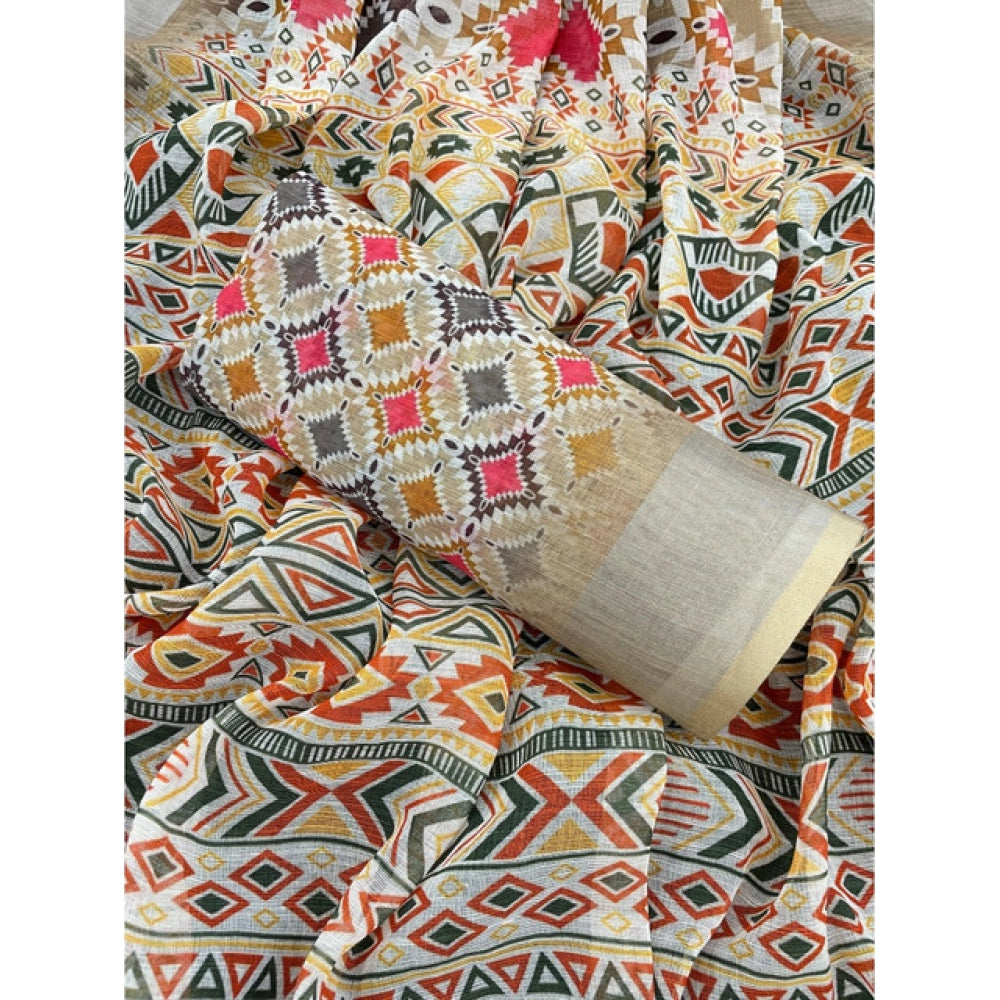 Women's Linen Cotton  Printed Saree With Unstitched Blouse 5.5Mtr (Cream)