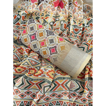 Women's Linen Cotton  Printed Saree With Unstitched Blouse 5.5Mtr (Cream)